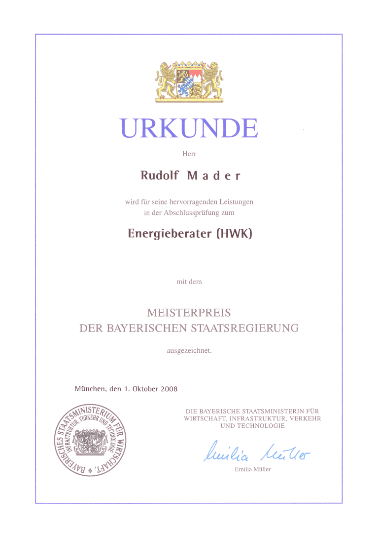 Meisterpreis Energieberater (HWK) für Rudolf Mader